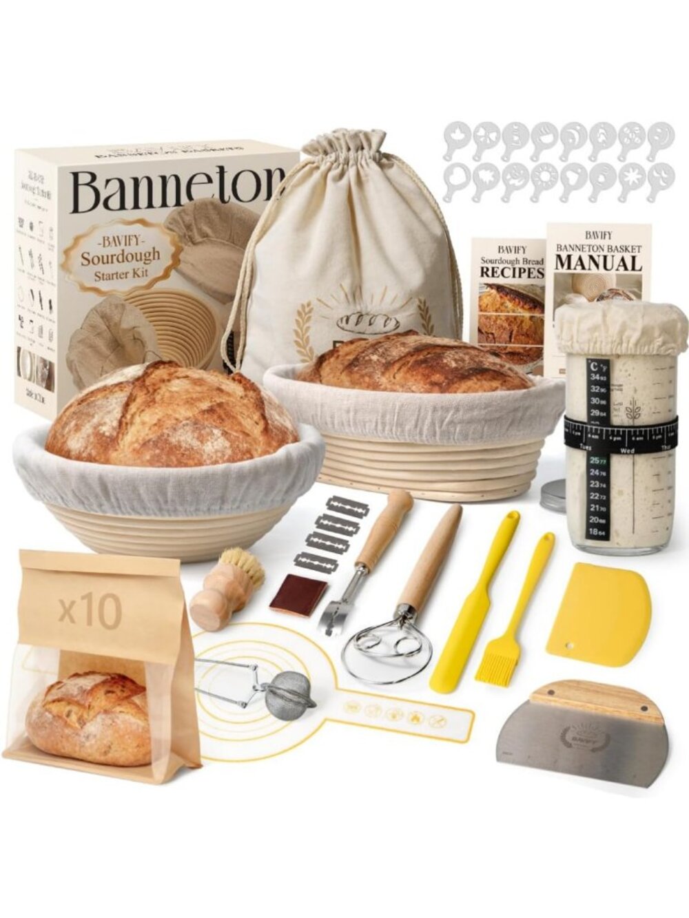 Sourdough Starter Kit with Banneton Proofing Baskets - Artisan Bread Baking Set
